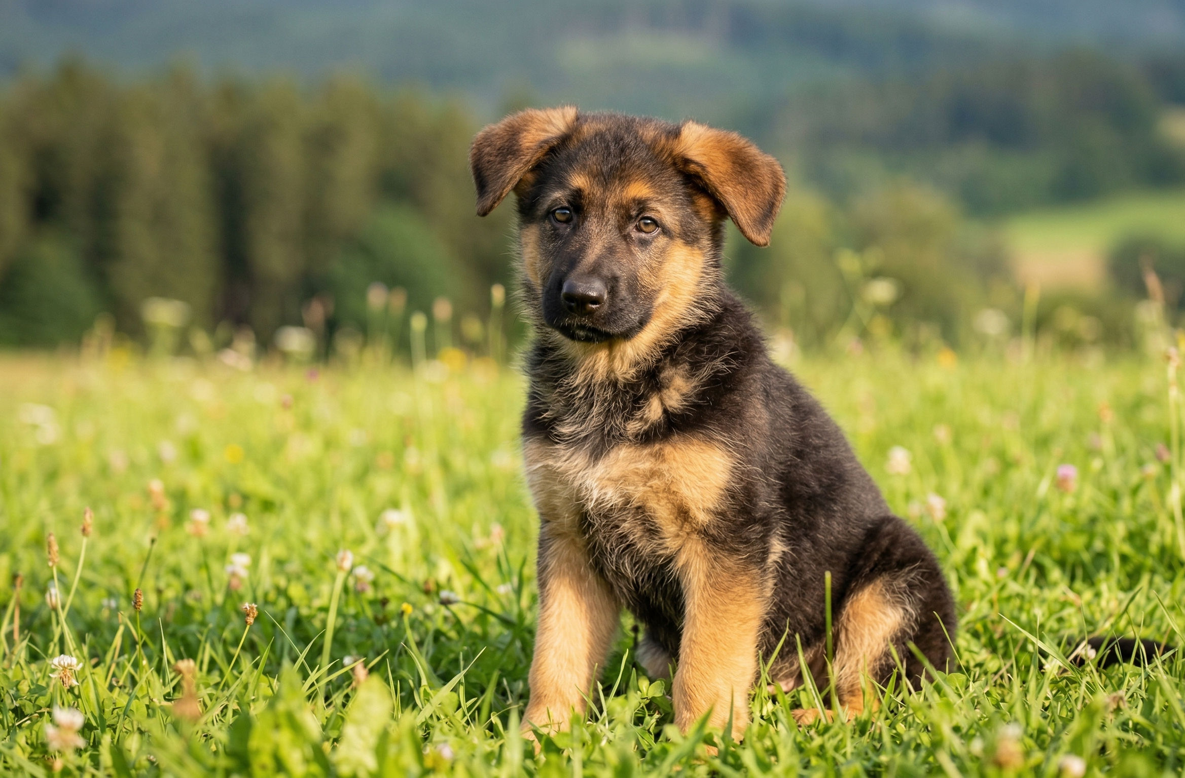 German Shepherd puppy sitting attentively during training session